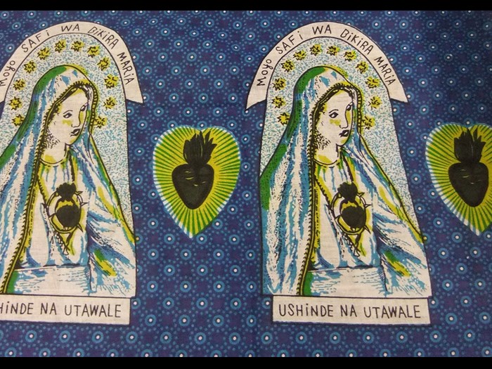 Cotton cloth printed with the Virgin Mary, commemorating the Catholic faith: Africa, Southern Africa, Zambia, Lusaka, 2010.