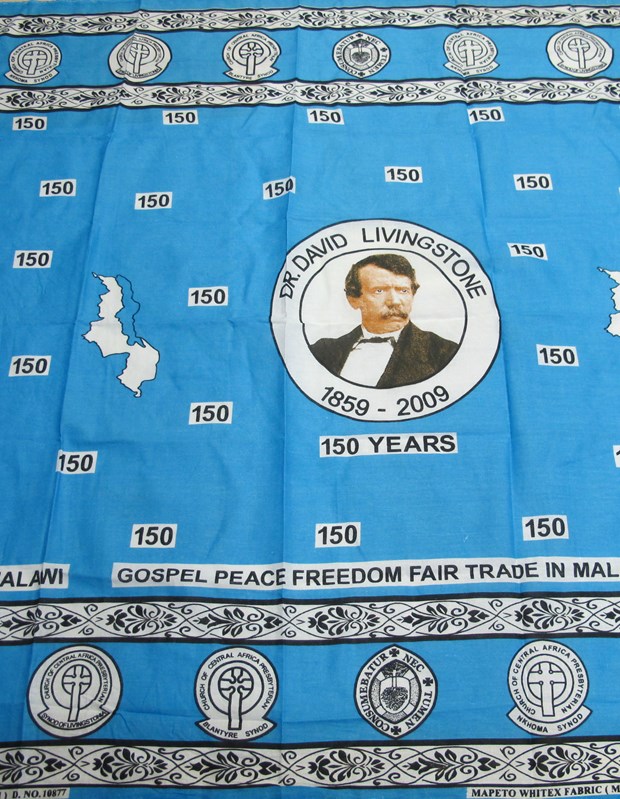 Cotton cloth commissioned by the Church of Central Africa Presbyterian to commemorate 150 years since the arrival of Scottish missionary David Livingstone in Malawi: Africa, Southern Africa, Malawi, 2009.