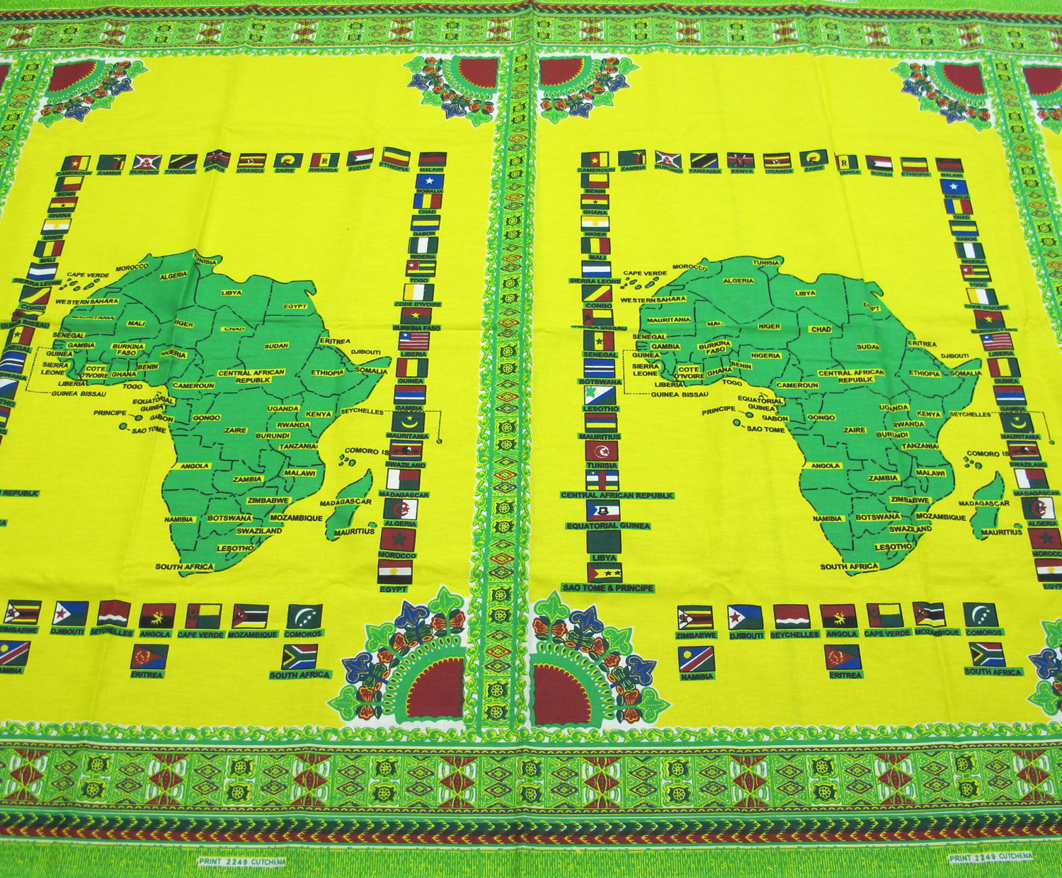 Cotton cloth printed with map of Africa surrounded by the National flags of Africa: Africa, Southern Africa, Mozambique, 1994-2000.