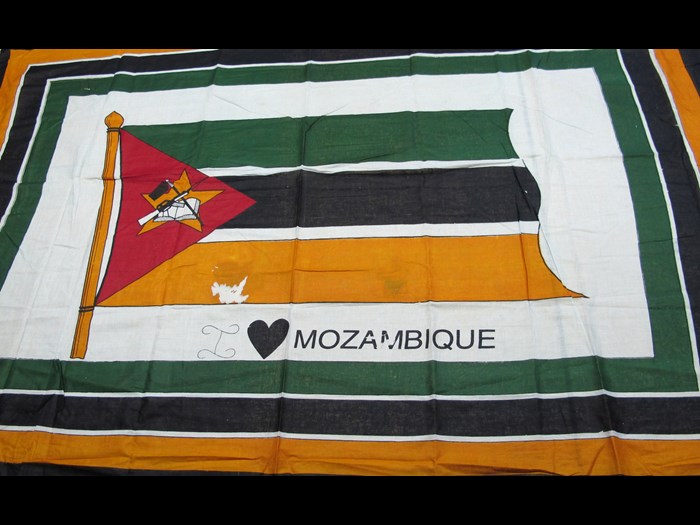 Cotton cloth printed with the national flag of Mozambique: Africa, Southern Africa, Mozambique, c.1994.