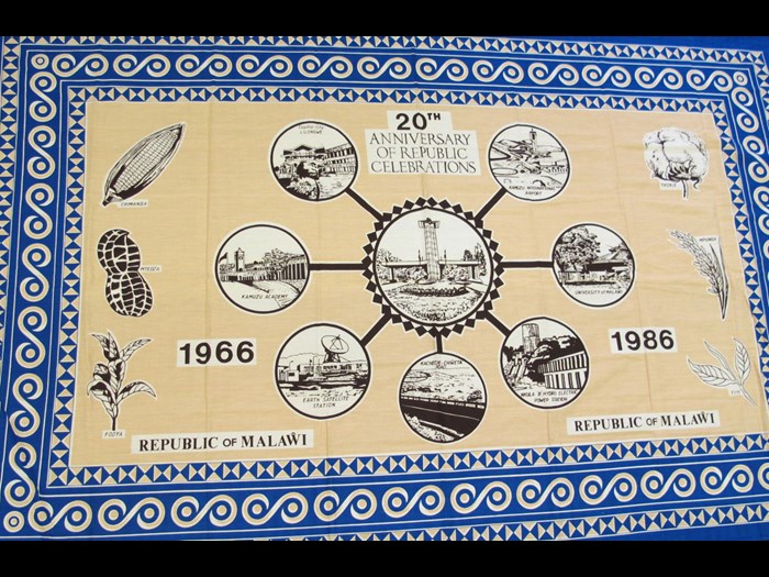 Cotton cloth printed to commemorate the 20th Anniversary of Republic of Malawi: Africa, Southern Africa, Malawi, Blantyre, 1986.