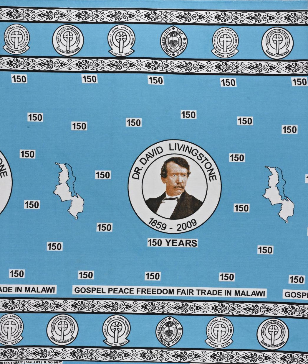 Cotton cloth commissioned by the Church of Central Africa Presbyterian to commemorate 150 years since the arrival of Scottish missionary David Livingstone in Malawi: Africa, Southern Africa, Malawi, 2009.