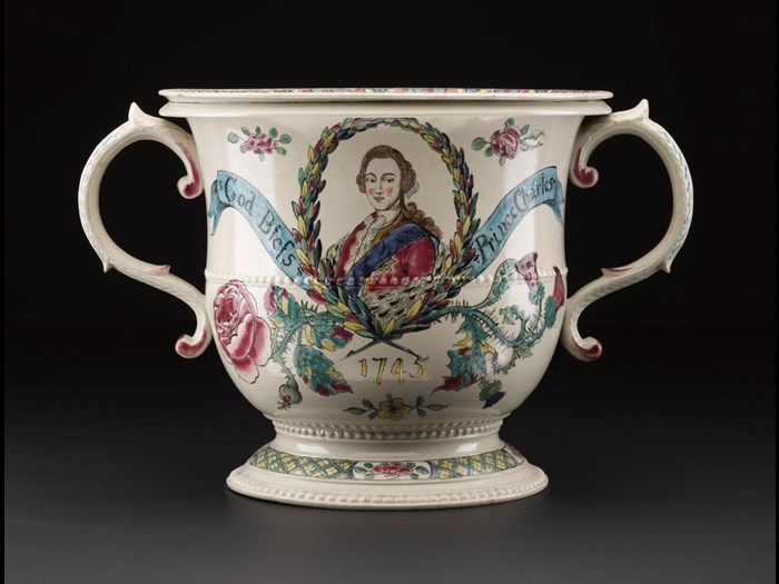 Staffordshire pottery flower vase with a portrait of Prince Charles Edward Stuart and the date 1745: English, Staffordshire, made c.1765, 20 years after Culloden.