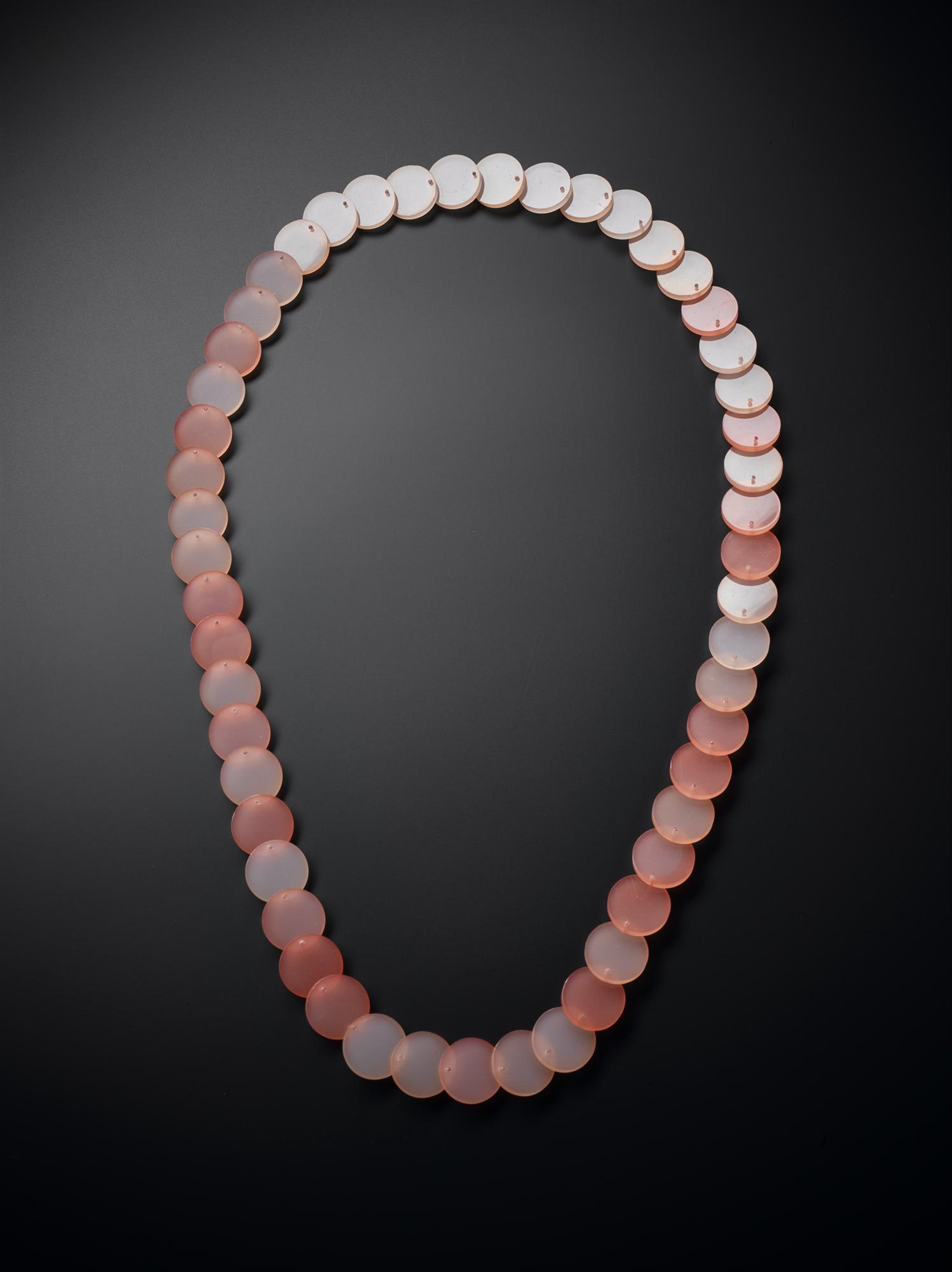 Necklace, comprised of 51 overlapping opaque acrylic disc beads: British, designed for Jean Muir Ltd by C & N Buttons & Jewellery Production, 1966-95.