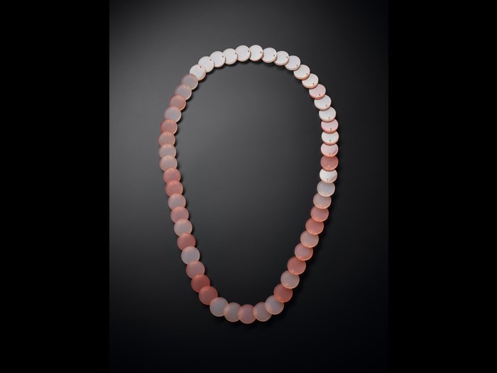 Necklace, comprised of 51 overlapping opaque acrylic disc beads: British, designed for Jean Muir Ltd by C & N Buttons & Jewellery Production, 1966-95.
