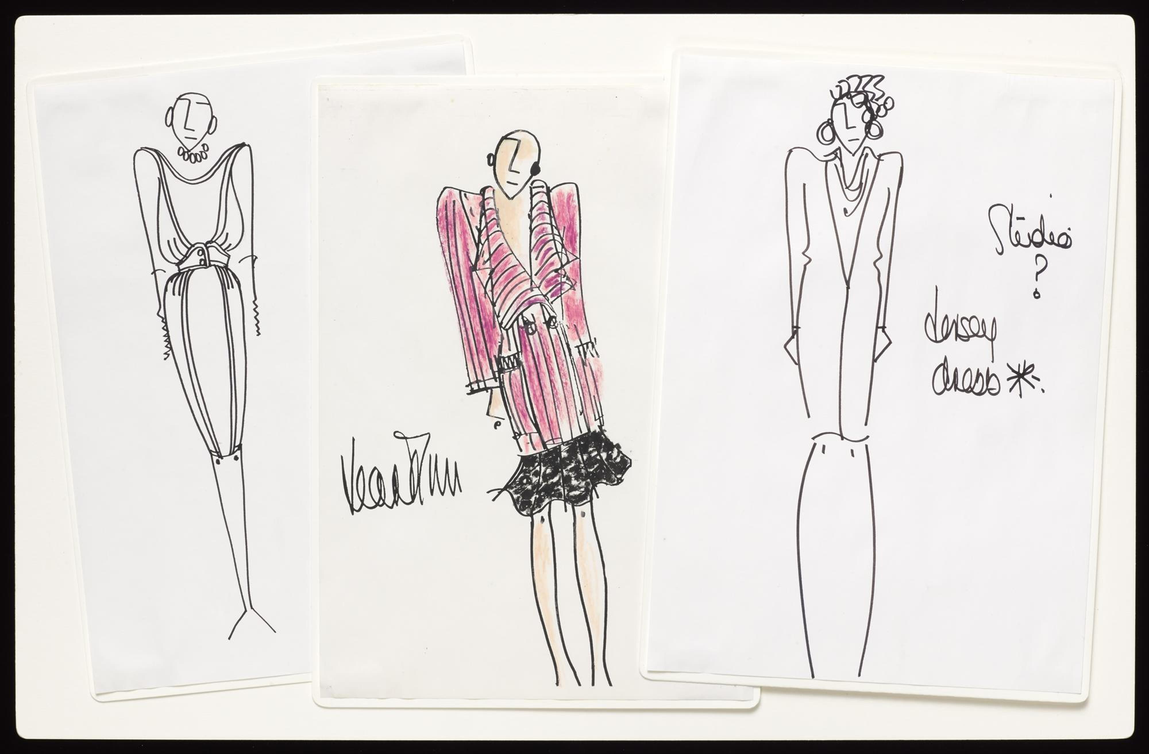 Series of three original sketches in ink and oil pastel on paper, mounted on board, depicting dress designs on three female figures: British, by Jean Muir Ltd, c. 1966-95.