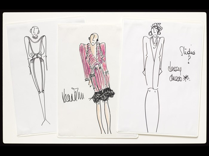 Series of three original sketches in ink and oil pastel on paper, mounted on board, depicting dress designs on three female figures: British, by Jean Muir Ltd, c. 1966-95.
