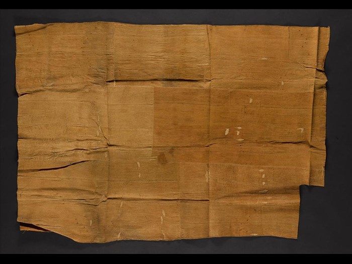 Length of barkcloth constructed of pieces hand stitched together with raffia thread: Africa, Southern Africa, Malawi, Basenga people, late 19th century.