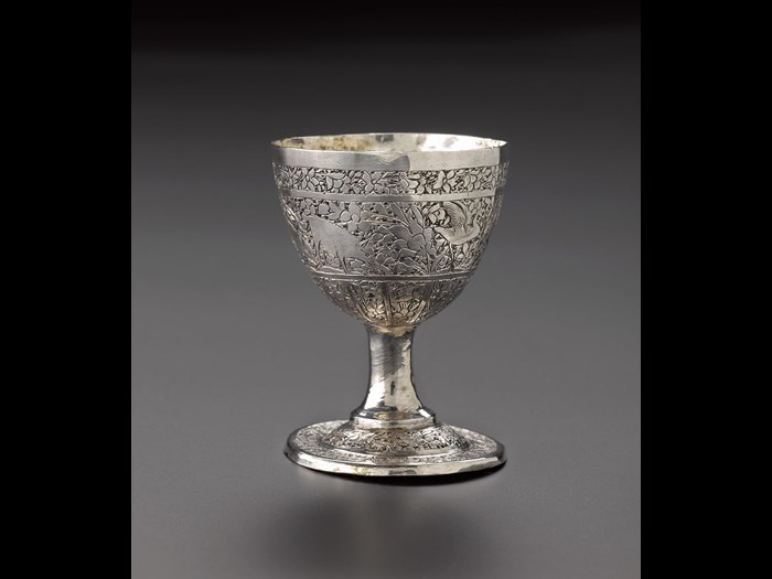 Egg cup of silver, with chased decoration of animals and floral motifs around the outside and base: Iran, probably Isfahan, 1920s-1940s, acc. no V.2015.66 