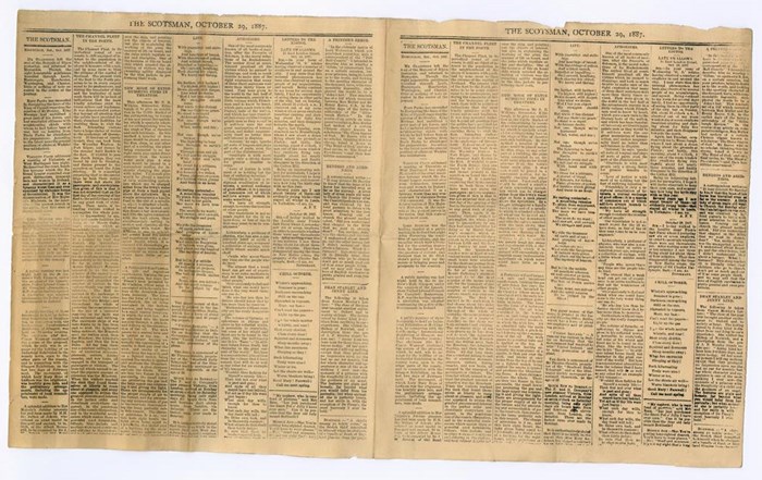 Miniature edition of The Scotsman dated 29 October 1887, printed by the model press