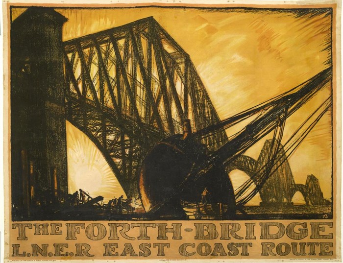 Advertising poster for the LNER (London and North Eastern Railway) East Coast route, depicting the Forth Bridge, illustrated by Frank Bragnwyn, 1920s - 1930s.