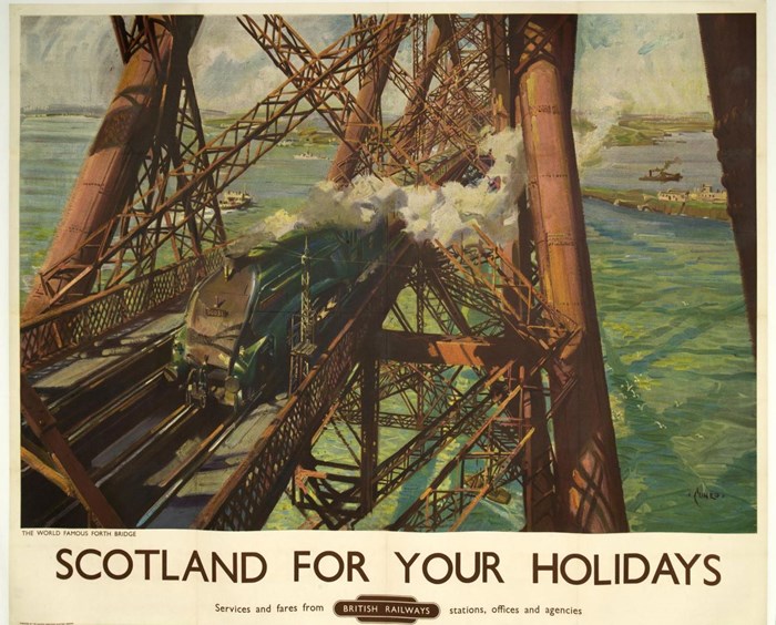 Lithograph advertising poster entitled Scotland for Your Holidays, depicting the Forth Bridge, for British Railways, by Terence Cuneo, c.1952.