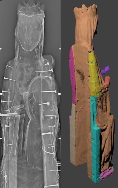 The Xradiograph on the left shows nails used in the construction. The image on the right, constructed from CT data by Dr Thomas Challands, University of Edinburgh, highlights the separate wooden pieces used in the construction.