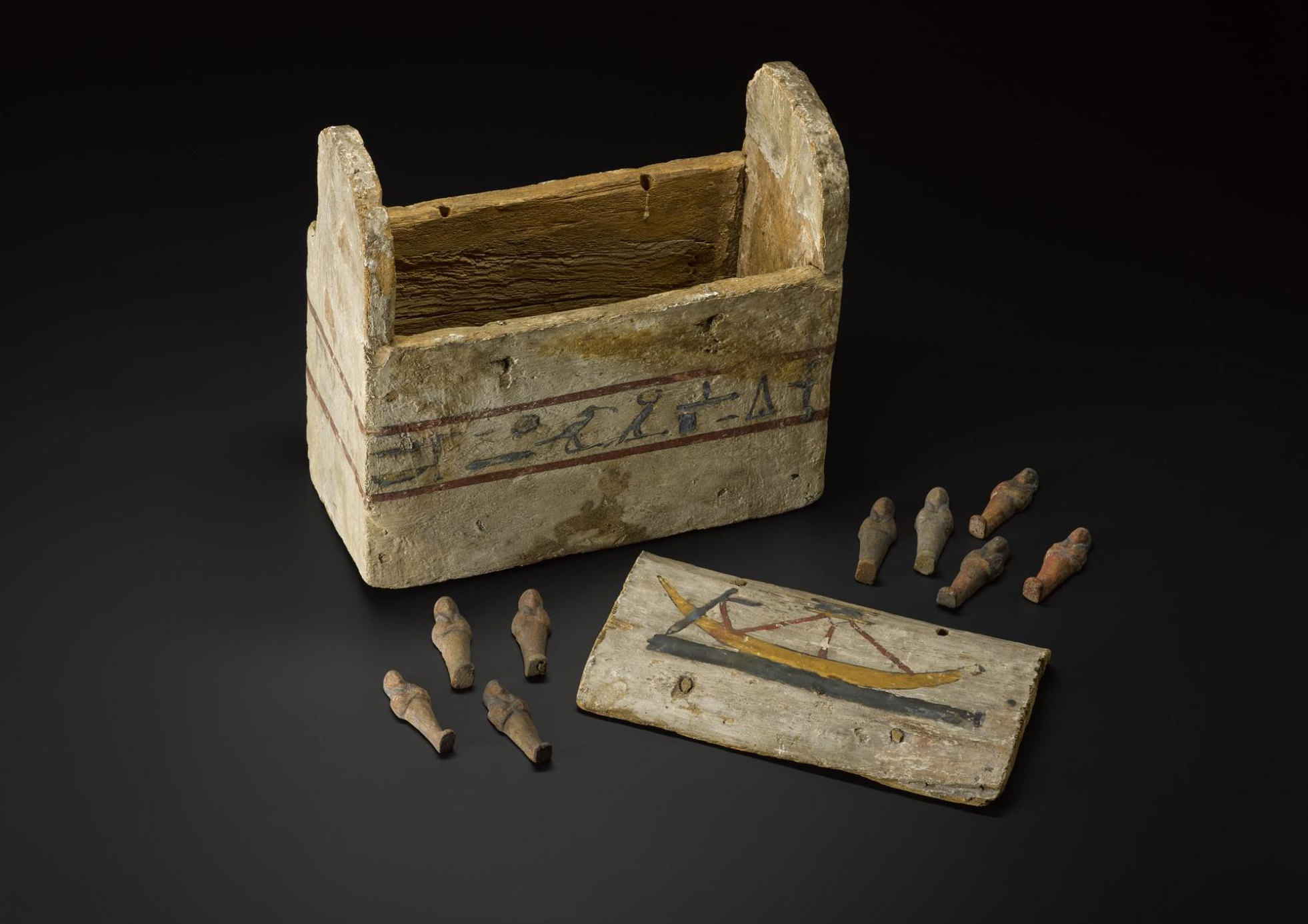 Shabti box and contents in white painted wood, of rectangular shape with a funerary prayer to Ra-Horakhty: Ancient Egyptian, 25th Dynasty, Third Intermediate Period, c.945-715BC.
