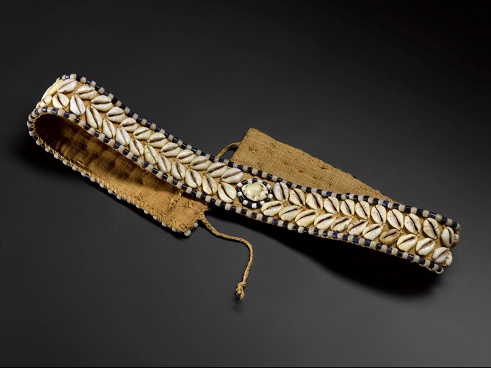 Waist belt of woven raffia with decoration of cowrie shells and black and white glass beads: Africa, Central Africa, Democratic Republic of the Congo, Kasai District, early 20th century.