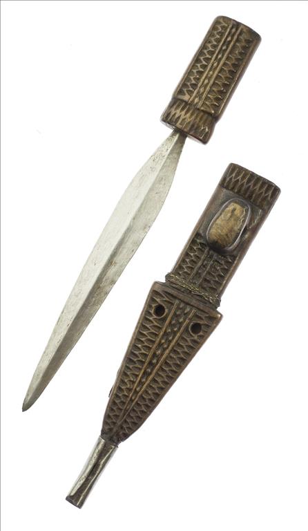 Knife with ridged iron blade and wooden handle carved with zigzags and sheath made from two pieces of wood bound with brass wire and iron shoe, surface carved with zigzags: Africa, Southern Africa, Malawi or Zambia, late 19th century.