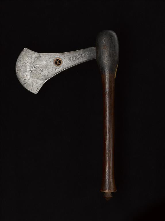Chief's ceremonial axe with iron flat celt blade with inserted copper 'eye' and wooden handle: Africa, Central Africa, Democratic Republic of the Congo, Katanga, late 19th century.