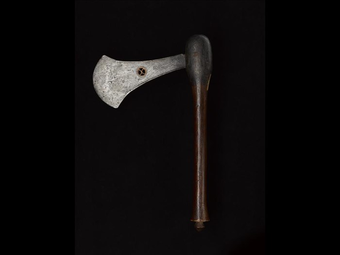 Chief's ceremonial axe with iron flat celt blade with inserted copper 'eye' and wooden handle: Africa, Central Africa, Democratic Republic of the Congo, Katanga, late 19th century.