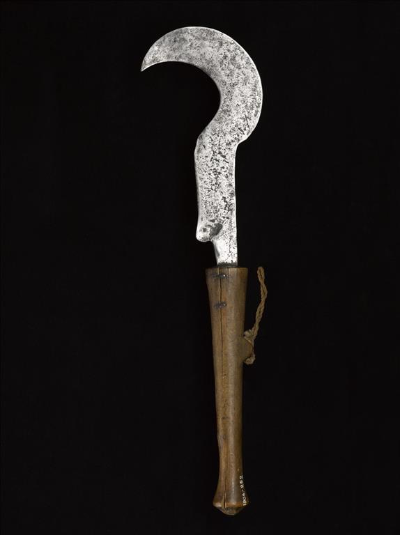 Agricultural knife with iron blade with curved point and wooden handle with finger-string: Africa, Southern Africa, Zambia, Lake Tanganyika, Mambwe, late 19th century.