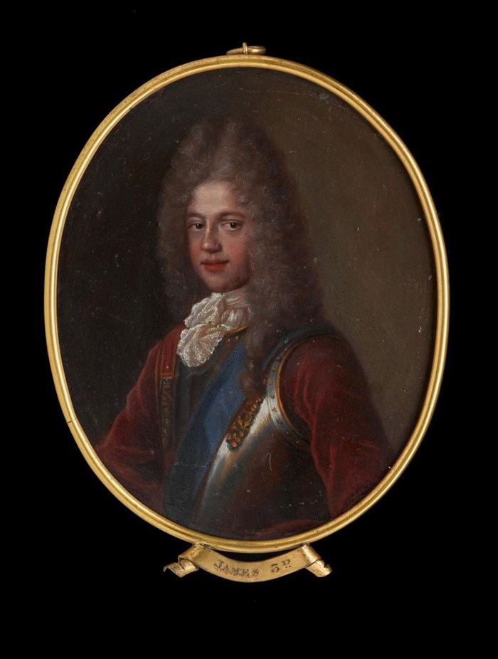 Oil miniature on copper of Prince James Francis Edward Stewart, probably based on a portrait by Alexis Belle.