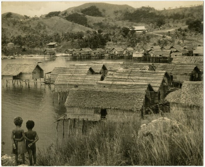 Photograph of a group of thatch-roofed houses on stilts in an expanse of water; Elevala, Port Moresby, Papua New Guinea, 1900-1930. © The Trustees of the British Museum (CC BY-NC-SA 4.0)