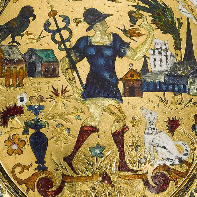 Closeup jewel decorations. Person wearing blue armour with a staff and hat alongside a dog, vase, colourful flowers and a Renaissance village.
