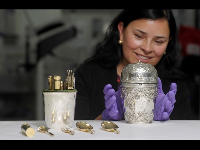 Diana Gabaldon with Bonnie Prince Charlie's travelling canteen, a replica of which will appear in the third series of Outlander.