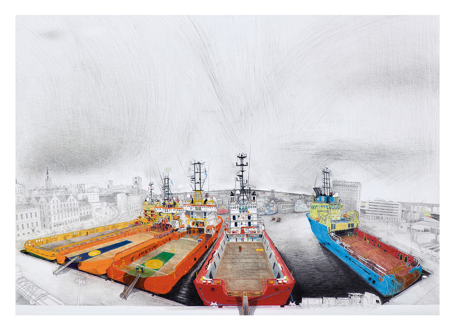 'View from Market Street, Aberdeen Harbour, 2015', mixed media on paper, 1000mm x 700mm © Sue Jane Taylor. Photographer: Ewen Weatherspoon