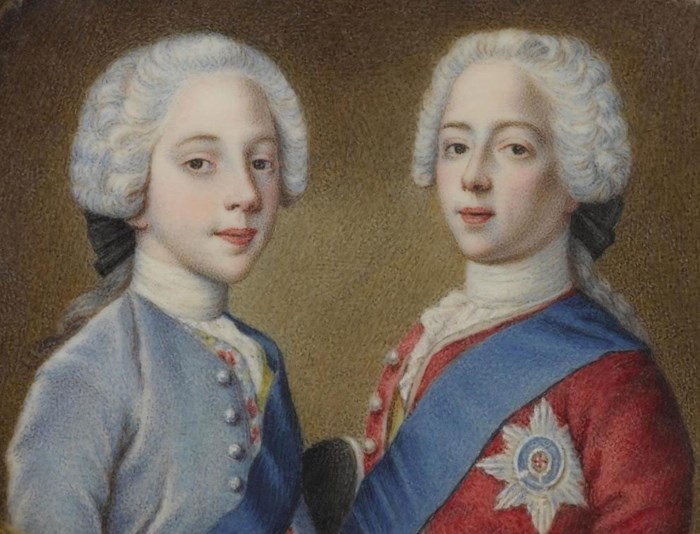 A painting of two young Jacobite men with white wigs and elaborate jackets.