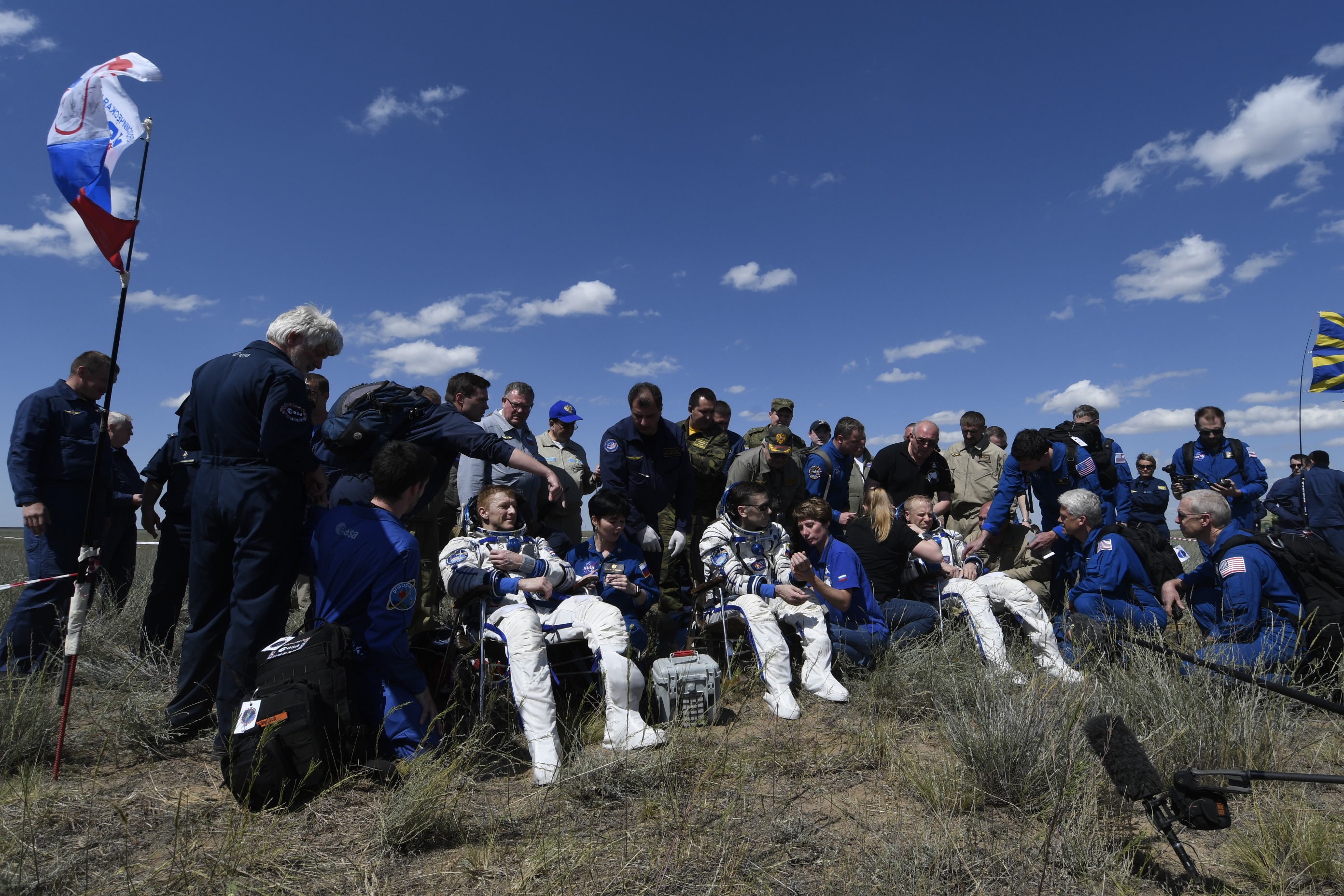 Tim Peake and crew after landing in the Soyuz TMA-19M © ESA Stephane Corvaja
