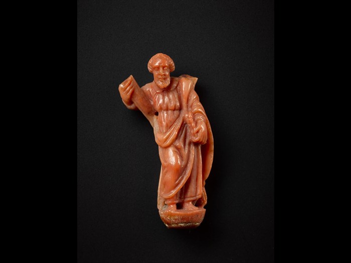 Carved coral figure of St Andrew: Italian, Sicily, Trapani, 17th or 18th century. On display in the Art of Living gallery at the National Museum of Scotland.