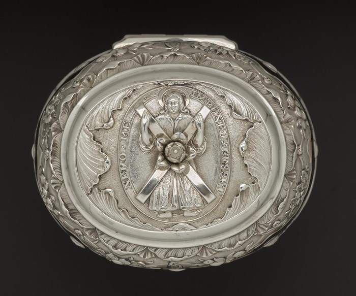 Image of St Andrew on the lid of Bonnie Prince Charlie's silver travelling canteen