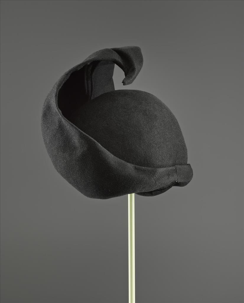 Woman's hat in black felt designed by Elsa Schiaparelli, late 1930s. You can see this hat in the Fashion and Style gallery at the National Museum of Scotland.