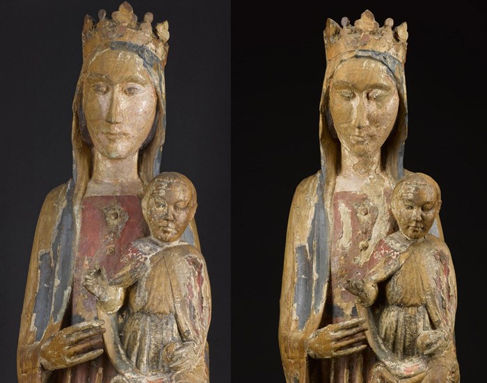 Christ's hand before (left) and after (right) conservation.