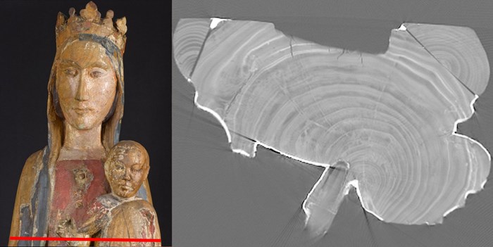 Cross-sectional images of the CT scan reveal at the ring pattern of the wood the sculpture is made from as well as construction techniques. The red line indicates the position of this cross section.