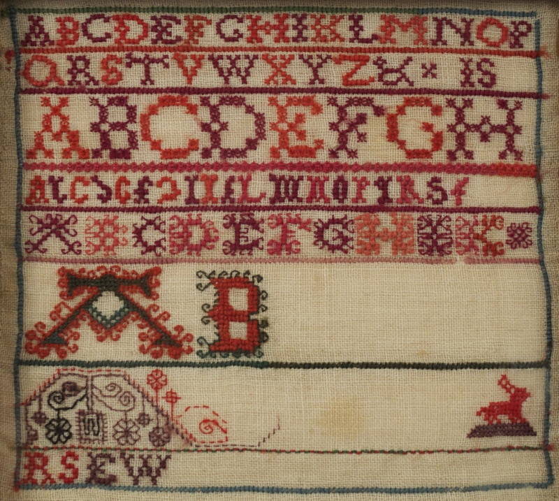This alphabet sampler has been left unfinished. It is one of a collection of samplers created by the Swan and  Ballingal families © Leslie B. Durst Collection   