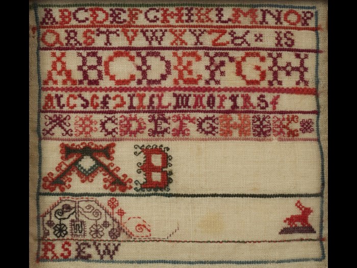 This alphabet sampler has been left unfinished. It is one of a collection of samplers created by the Swan and  Ballingal families © Leslie B. Durst Collection   