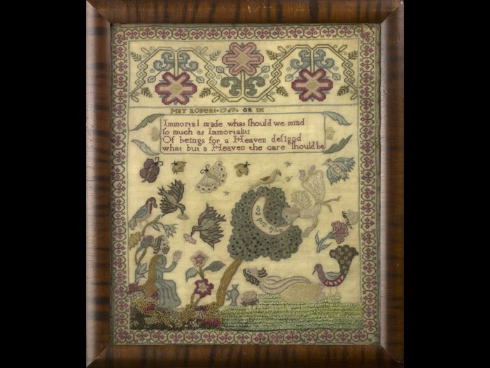May Robert has incorporated biblical scenes from the story of Elijah into her sampler. © Leslie B. Durst Collection