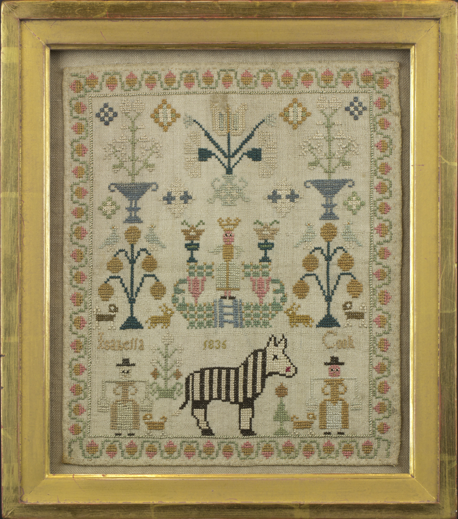 Isabella Cook’s sampler is one of a pair both depicting a zebra. © Leslie B. Durst Collection