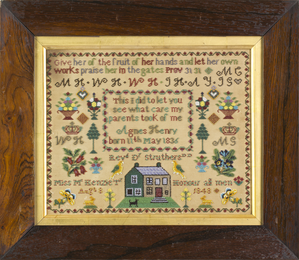 Agnes Henry's sampler is unusual  in that it is stitched on paper and made with coloured beads rather than conventional embroidery thread.  © Leslie B. Durst Collection