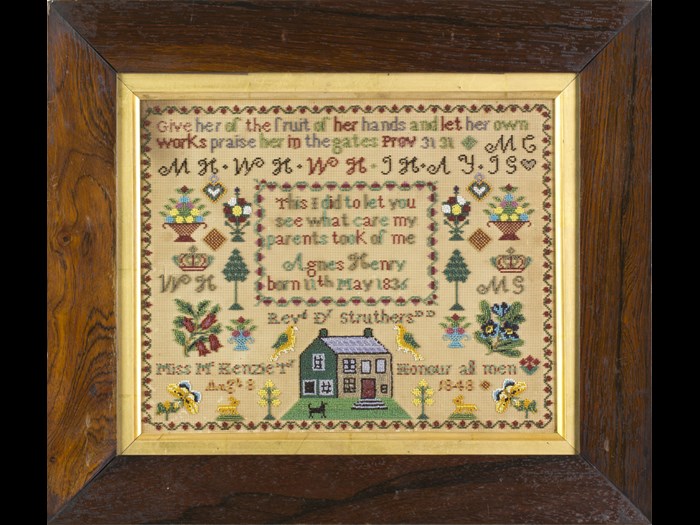 Agnes Henry's sampler is unusual  in that it is stitched on paper and made with coloured beads rather than conventional embroidery thread.  © Leslie B. Durst Collection