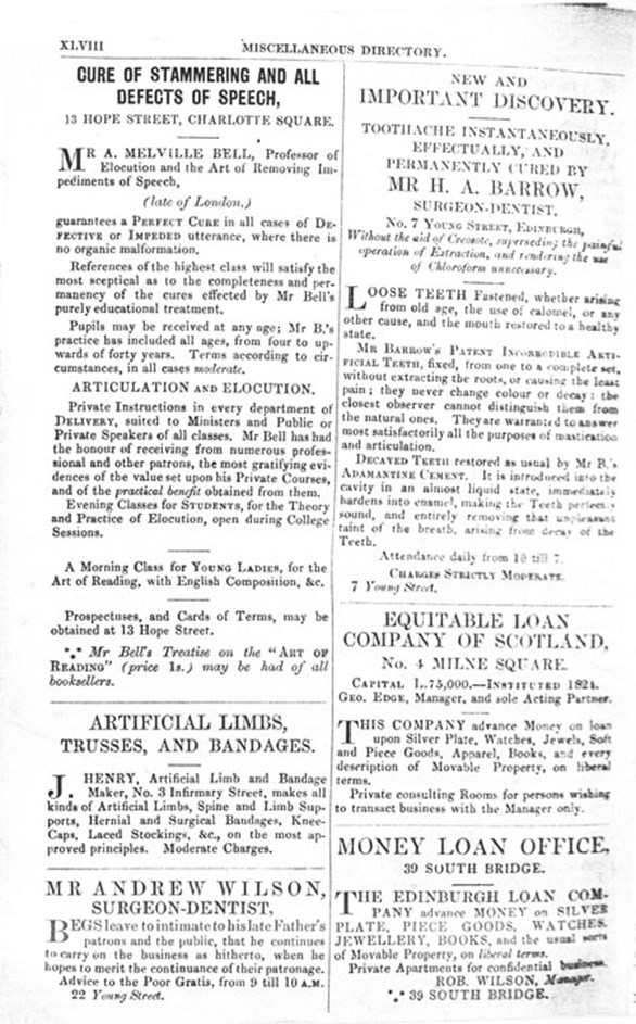 Old fashioned newspaper spread dense with multiple articles and headings, including about Melville Bell, Alexander's father.