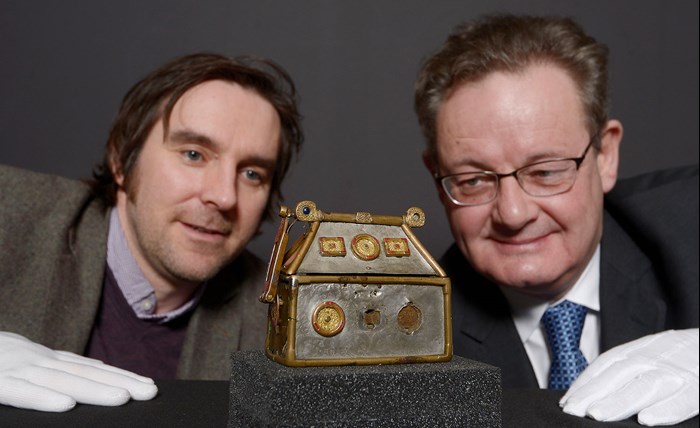 Dr Martin Goldberg, archaeology curator at National Museums Scotland and Hamish Torrie, Corporate Social Responsibility Director at The Glenmorangie Company, , with one of the National Museum’s most treasured objects, the Monymusk Reliquary