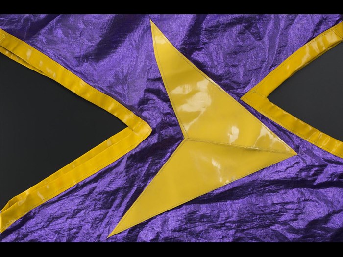 Detail of purple and yellow dress belonging to Fay Fife of the Rezillos.