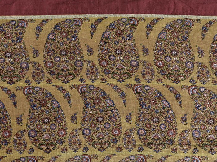 Boteh motifs filled with peonies, lotus and rosette flowers on a woman’s trousers, Iran, 1800-1880.