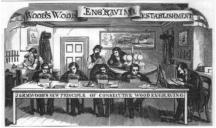 Large illustration showing wood engravers at work, from J. & R. Wood's Typographic Advertiser, 1 March 1863, p77.