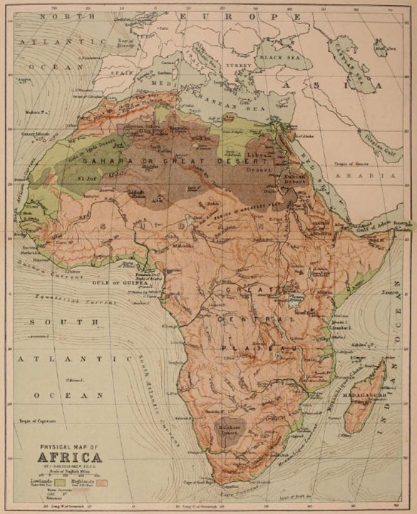Physical Map of Africa, presented as a fold-out plate in the second edition, Volume 1, 1888.