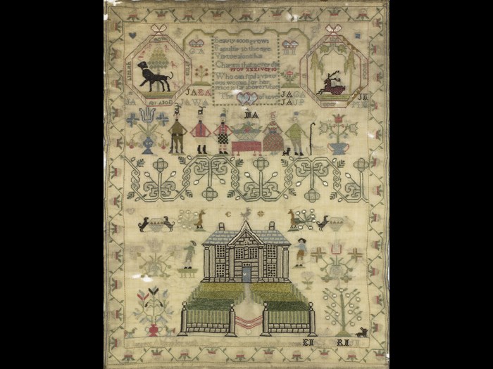 Margaret Alexander’s sampler, made during the Napoleonic Wars, includes portraits of three British army regiments. © Leslie B. Durst Collection