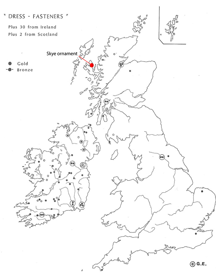 The distribution of ‘dress fasteners’ in Britain and Ireland (adapted from Eogan 1994, ‘The Accomplished Art’, Figure 40)
