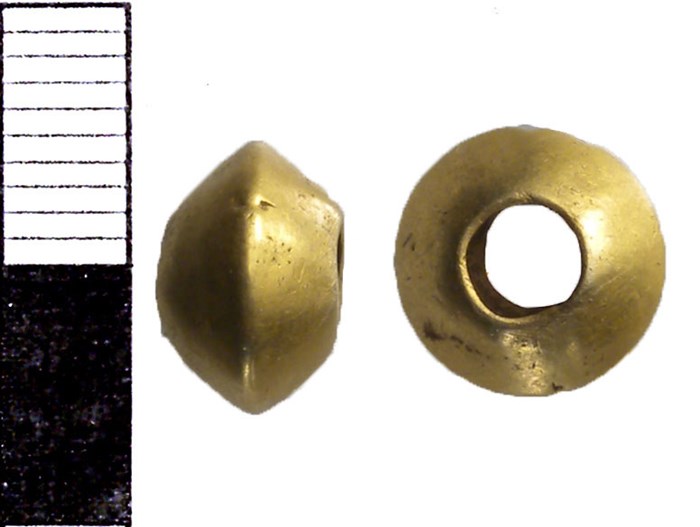 A biconical gold bead from Salthouse, Norfolk. Courtesy of the Trustees of the British Museum/Portable Antiquities Scheme.